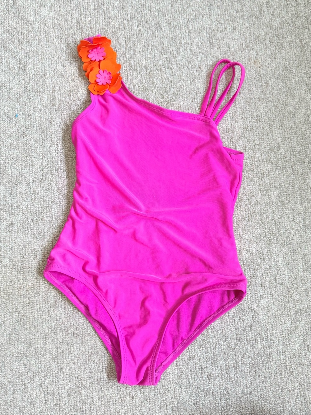 Girls One-Shoulder Pink Swimsuit with Orange Floral Accent